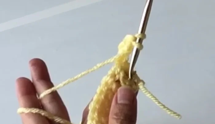 Repeat the pattern: front post double crochet, two double crochets, and then another front post double crochet across the row. End the row with three double crochets.