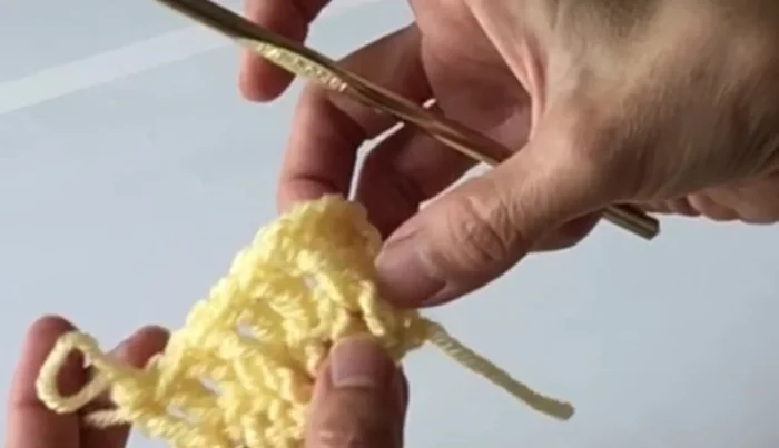Repeat the pattern: front post double crochet, two double crochets, and then another front post double crochet across the row. End the row with three double crochets.