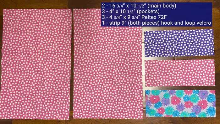 Prepare Fabric Pieces: Cut sixteen and three-quarter inches by ten and a half inches for the main body (two pieces), and four inches by ten and a half inches for the pockets (three pieces).