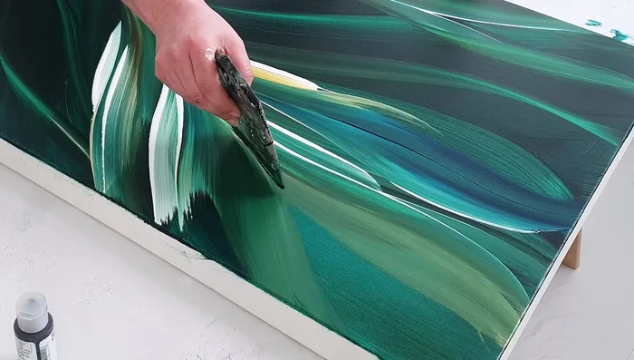 Continue blending and adding colors intuitively, adjusting and refining the composition as you go. This is a fluid and improvisational process.