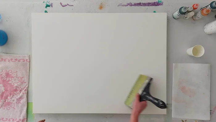 Pour and blend dark base colors (Jenkins green, Pho green, turquoise, Payne's gray) onto the wet canvas. Build layers to achieve desired darkness.