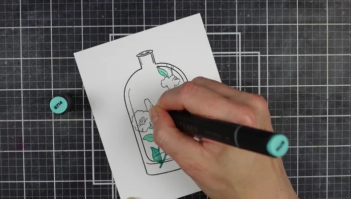 Color the floral image using artist markers. Begin with lighter shades, blending and layering to create depth and dimension. Add darker shades to create shadows.