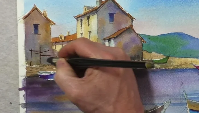 Adding cadmium orange to Payne's grey for details in the nets.