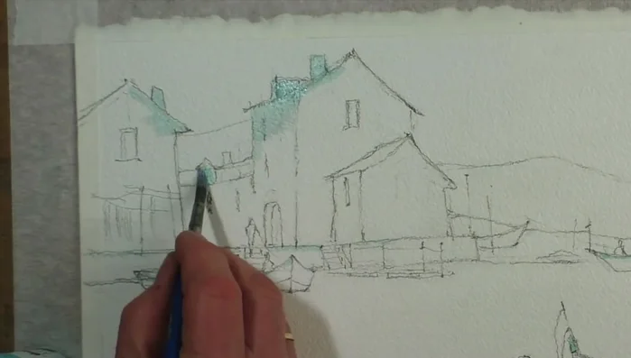 Masking the top edges of the houses and highlights on the boats.