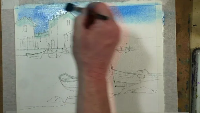 Adding yellow ochre to a distant coastal village.