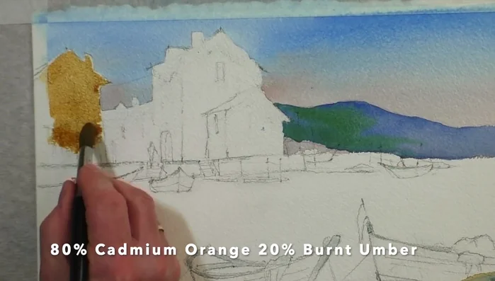 Adding alizarin crimson to the orange mix for the harbor wall and burnt umber shadows.