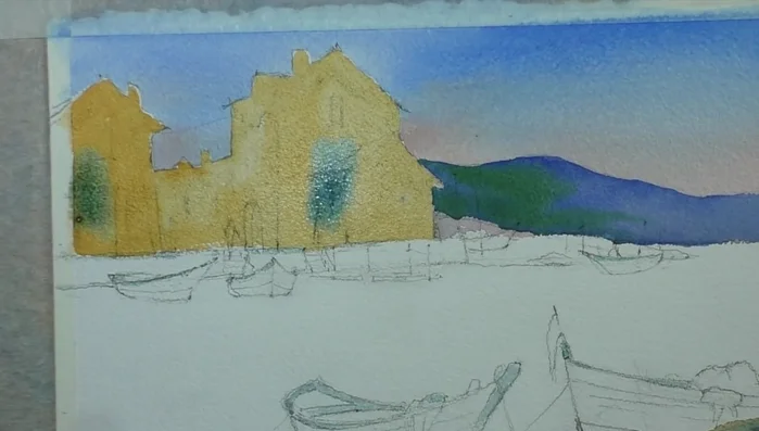 Adding alizarin crimson to the orange mix for the harbor wall and burnt umber shadows.