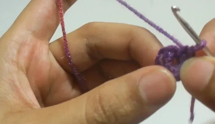 Chain three, then work four double crochet in the same stitch. Pull through two loops twice.