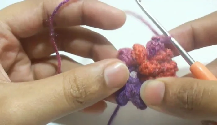 Continue working in this pattern (alternating one and two popcorn stitches) for subsequent rounds until desired necklace length is reached. Always add chain one after each popcorn stitch.