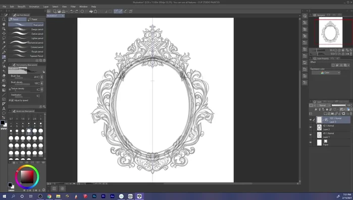 Inking the character portrait, focusing on the face first, then clothing, and finally hair. Using the same 'Darker Pencil' brush.