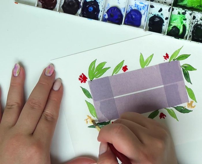 Add clusters of colored dots (red, yellow, purple) to represent flowers, filling in spaces between leaves.