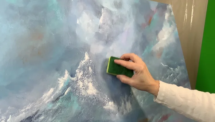 Use a dry brush technique with the sponge to create texture and detail. Apply paint with minimal pressure.