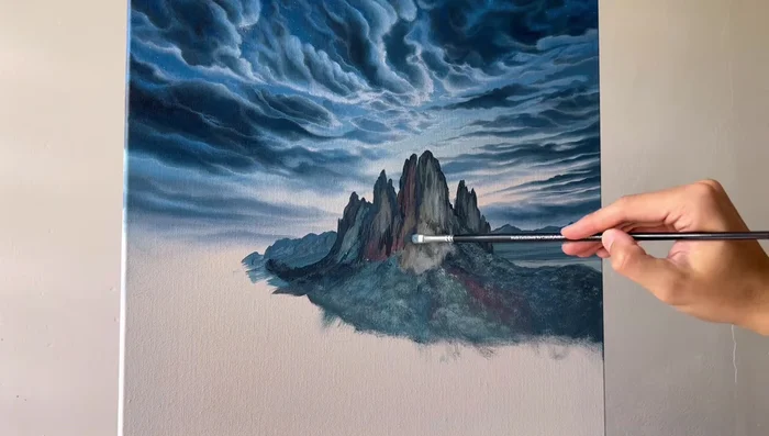 Consider light source and shadows while painting foreground elements to add depth and realism.