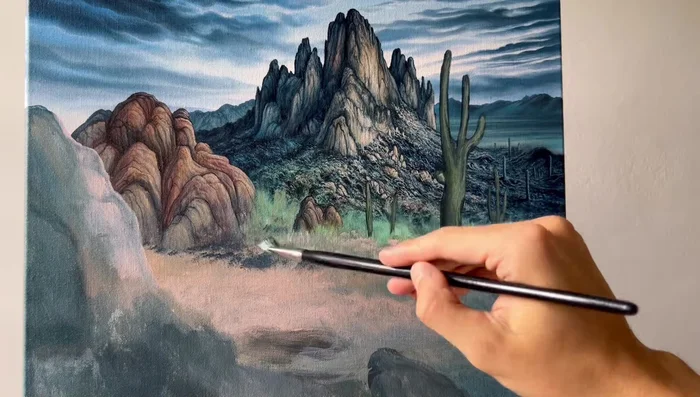 Consider light source and shadows while painting foreground elements to add depth and realism.