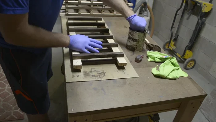 Touch up stain on bare sections after glue is cured.