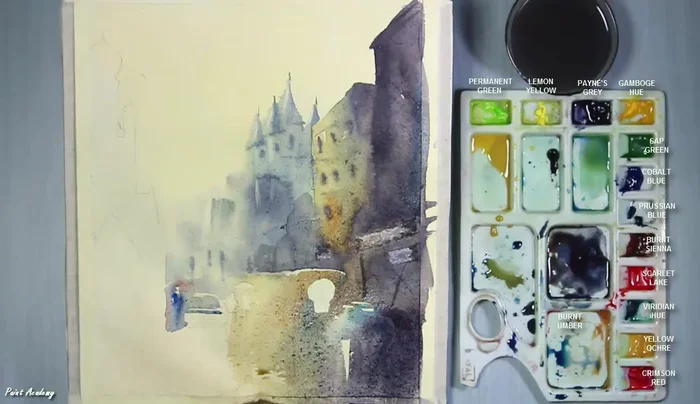 Add dark color to nearby buildings to emphasize the low light conditions.