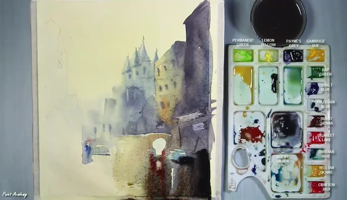 Add dark color to nearby buildings to emphasize the low light conditions.