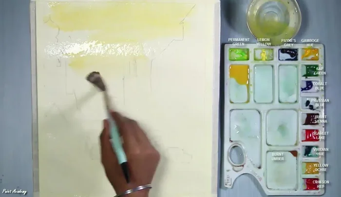 Color the sky with a mixture of Gamboge Hue and Yellow Ochre.