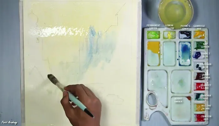 Color the lower part with a mixture of Gamboge Hue, Yellow Ochre, and Cobalt Blue.