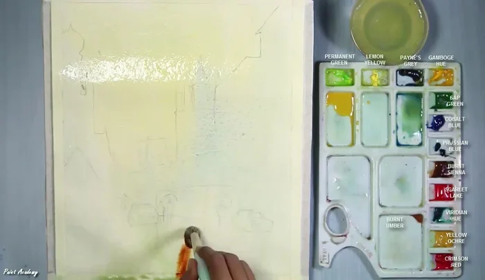 Color the lower part with a mixture of Gamboge Hue, Yellow Ochre, and Cobalt Blue.