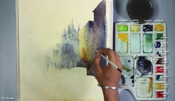 Paint outlines, shadows, and windows in a half-dry condition for soft effects.