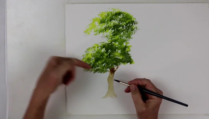 Add darker burnt umber while the trunk is wet, to create depth.