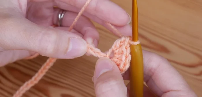 Repeat steps 3 and 4 across the row, ending with a single treble crochet in the last chain.