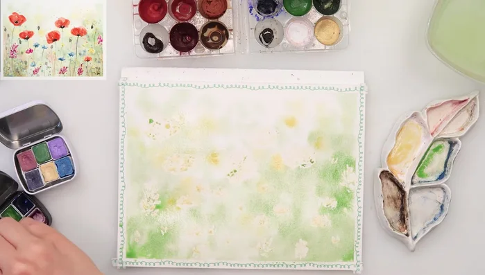 Add background details: Use thin brushstrokes to add out-of-focus details such as flowers and bushes, keeping it light and airy.