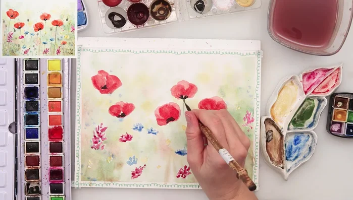 Add splatters: Use various colors (blue, pink, yellow, green, black, white gouache) to create splatter effects that add vibrancy and movement to the painting.