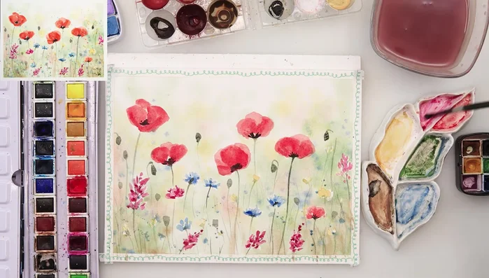 Add splatters: Use various colors (blue, pink, yellow, green, black, white gouache) to create splatter effects that add vibrancy and movement to the painting.