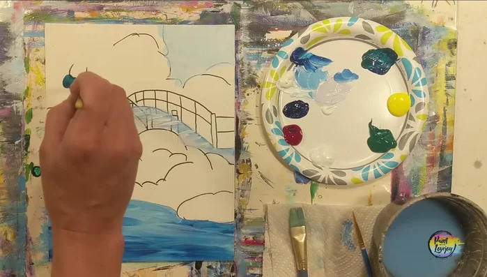 Mix a dark teal (blue + green). Apply this to create the shadows for the foliage.