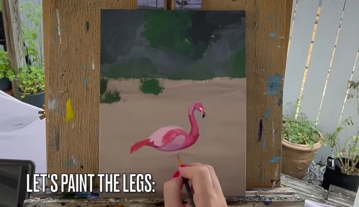 Use light pink for the lower leg and part of the tail feathers. Add details to back feathers using medium pink.