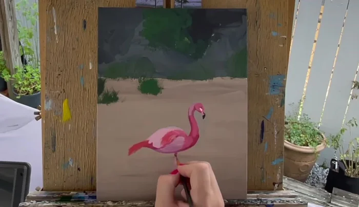 Use light pink for the lower leg and part of the tail feathers. Add details to back feathers using medium pink.