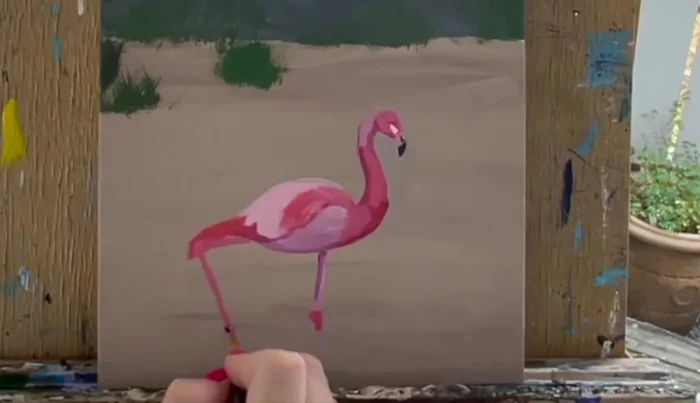 Use light pink for the lower leg and part of the tail feathers. Add details to back feathers using medium pink.