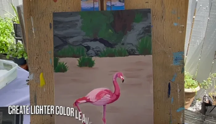 Add details to the background using light green, leaf green, and light brown/medium brown to create leaves, grass, and branches.