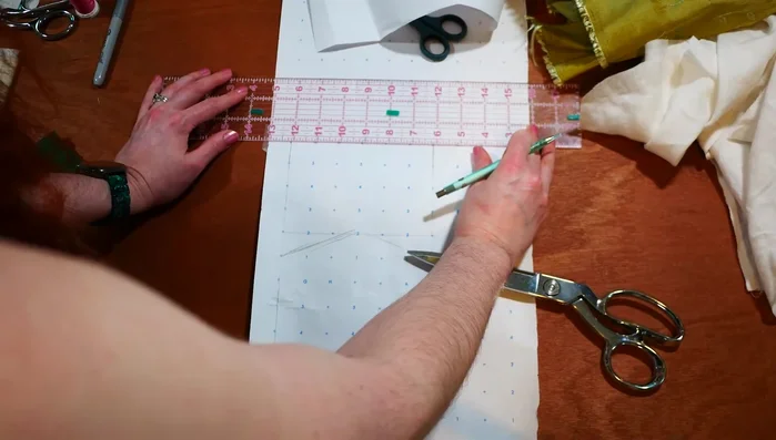 Create pattern pieces for pockets (6 inches x 4 inches), scissors pocket, and a small pincushion square.