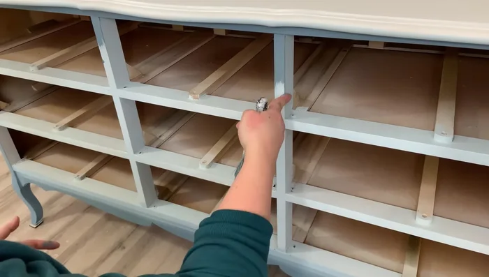 Outline the drawer fronts with Dusty Blue, then add Haint Blue to the center, blending softly for a subtle, uniform look.