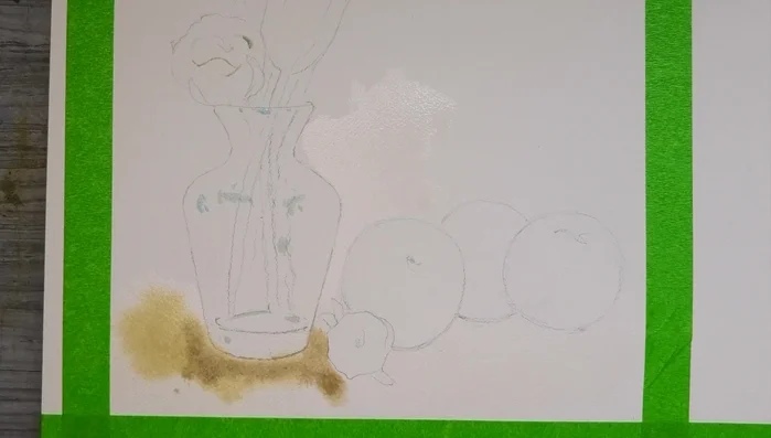 Paint the rose with a watery cadmium yellow wash, adding yellow ochre and burnt umber for shadows.