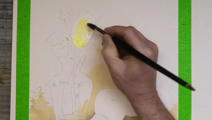 Paint the rose with a watery cadmium yellow wash, adding yellow ochre and burnt umber for shadows.