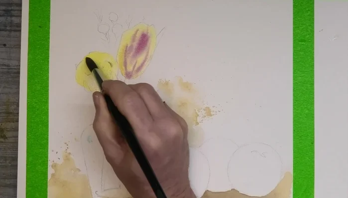 Paint the rose with a watery cadmium yellow wash, adding yellow ochre and burnt umber for shadows.