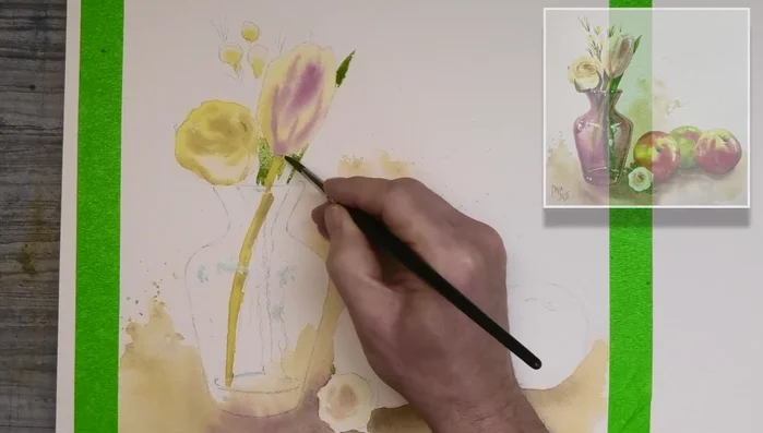 Mix greens from cadmium yellow and cobalt blue for the stems and leaves. Use quick strokes for natural look.