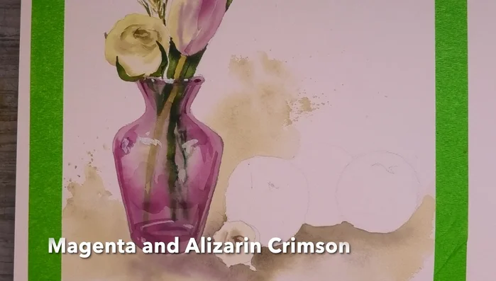 Add final details to the vase with magenta, alizarin crimson, and cobalt blue.