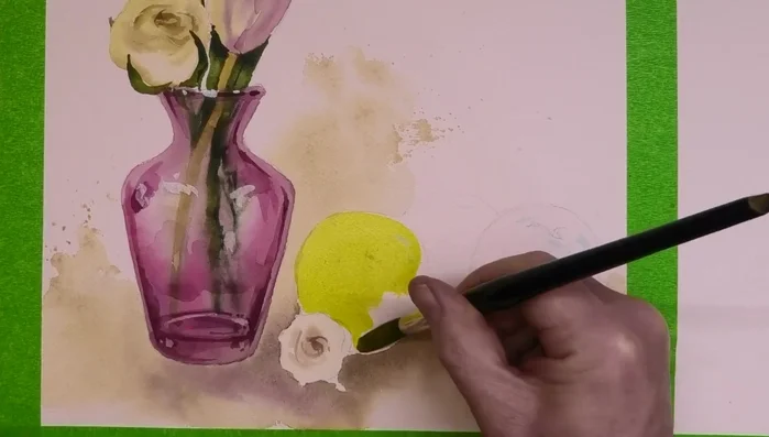 Add details with watery green and red mixes, creating depth with shadows.