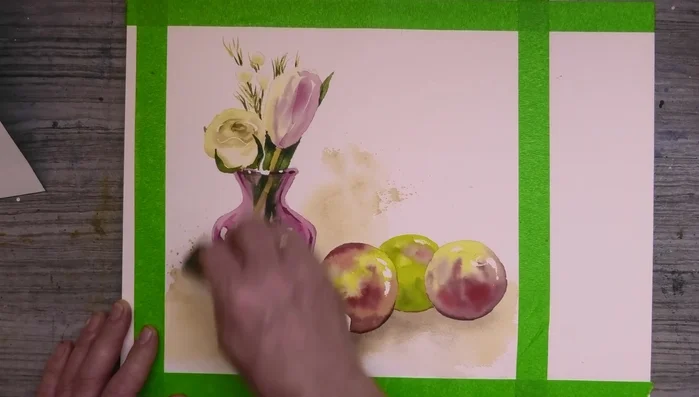 Add details with watery green and red mixes, creating depth with shadows.