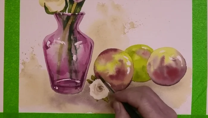 Add details with watery green and red mixes, creating depth with shadows.