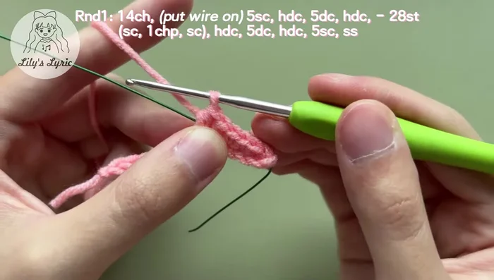 Yarn over and pull through both loops. Make a slip knot (Pico Stitch), and another single crochet. Work on the other side of the chain making 1 half double crochet, 5 double crochets, 1 half double crochet, and 5 single crochets.