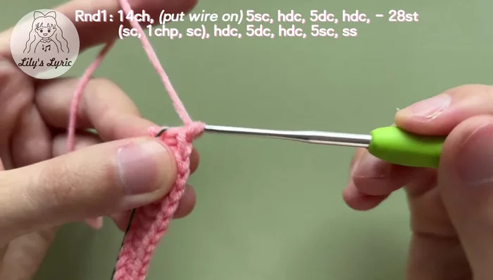 Yarn over and pull through both loops. Make a slip knot (Pico Stitch), and another single crochet. Work on the other side of the chain making 1 half double crochet, 5 double crochets, 1 half double crochet, and 5 single crochets.