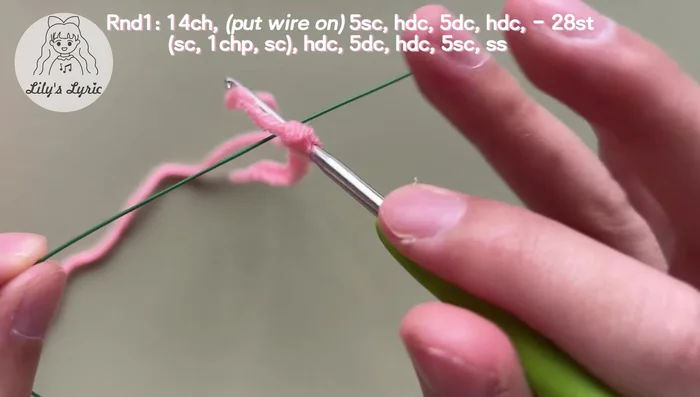 Yarn over and pull through both loops. Make a slip knot (Pico Stitch), and another single crochet. Work on the other side of the chain making 1 half double crochet, 5 double crochets, 1 half double crochet, and 5 single crochets.