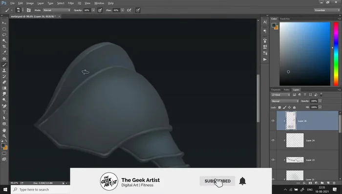 Textured Surface: Use a textured brush to add a rougher, uneven metallic look, mimicking molding by fire and pressure. Maintain low-contrast gradients.