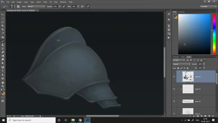 Textured Surface: Use a textured brush to add a rougher, uneven metallic look, mimicking molding by fire and pressure. Maintain low-contrast gradients.